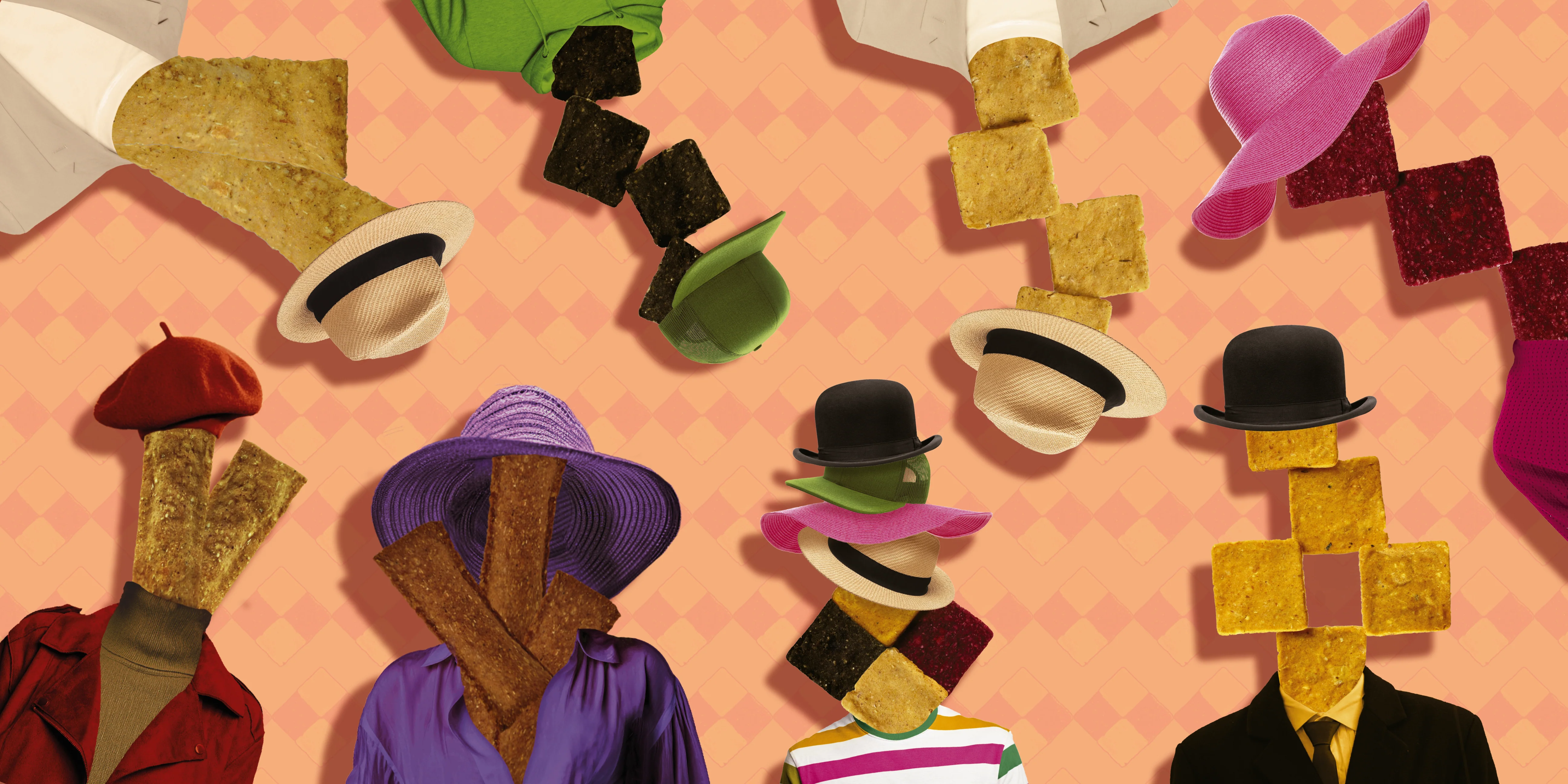 Colagem surreal de pessoas com a cabeça formada por biscoitos Surreal Bisks empilhados, usando diferentes chapéus